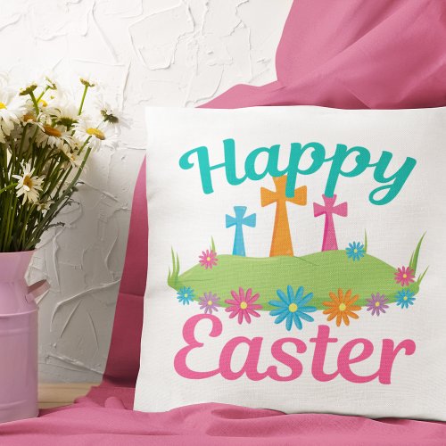 Happy Easter Beautiful Religious Crosses Flowers Throw Pillow