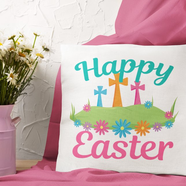 Happy Easter Beautiful Religious Crosses Flowers Throw Pillow (Creator Uploaded)