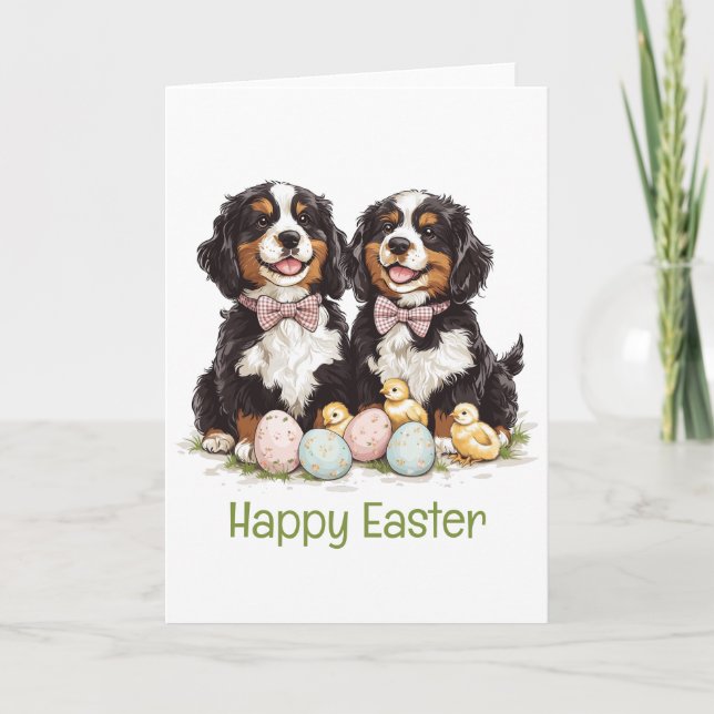 Happy Easter Bernese Mountain Dogs Easter Eggs Card (Front)