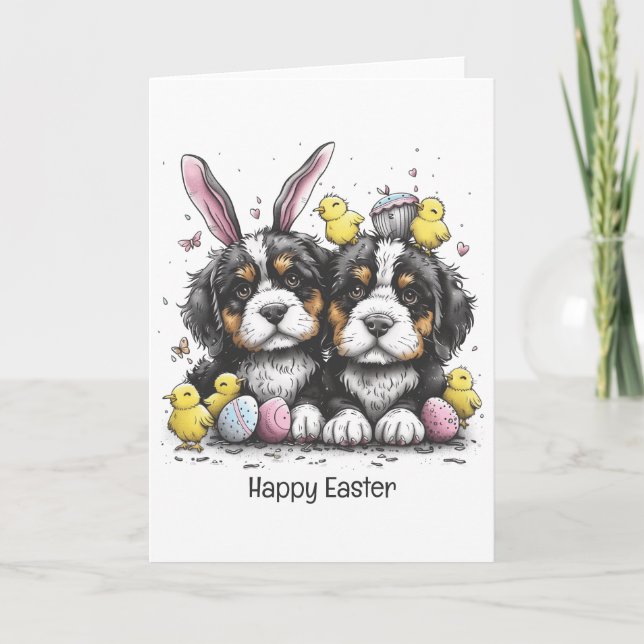Happy Easter Bernese Mountain Dogs Holiday Card (Front)