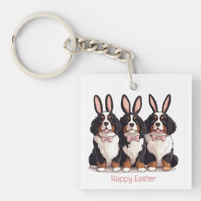 Happy Easter Bernese Mountain Dogs Keychain (Front)