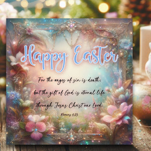 Happy Easter Bible Verse Pastel Flowers Christian  Holiday Card