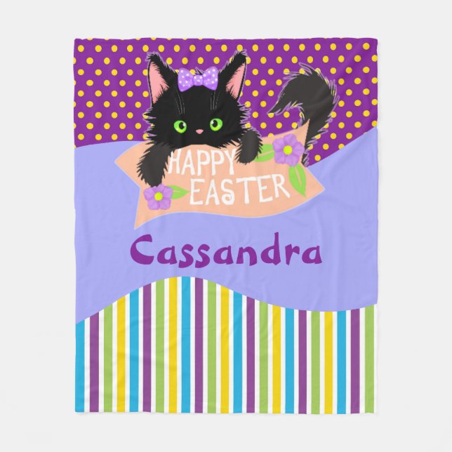 Happy Easter Black Kitty Colorful Fleece Blanket (Front)