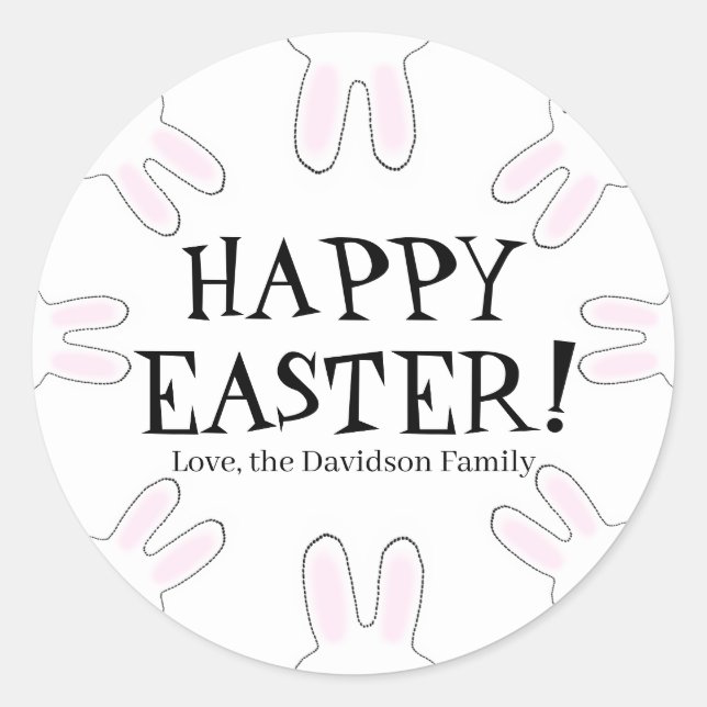 Happy Easter black white custom cute bunnies funny Classic Round Sticker (Front)