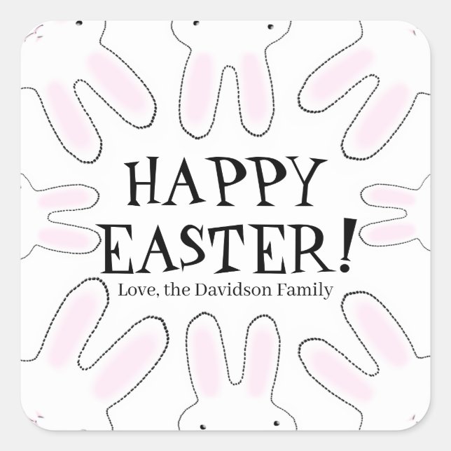 Happy Easter black white custom text cute rabbits Square Sticker (Front)