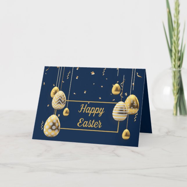 Happy Easter Blue and Golden Eggs Greeting Card (Front)