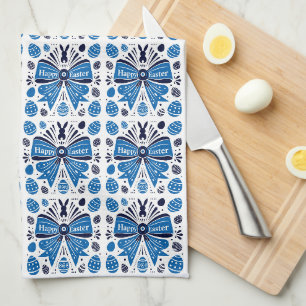 Happy Easter Blue Bow Folk Art Bunny & Eggs Spring Kitchen Towel