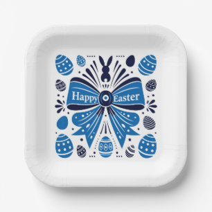 Happy Easter Blue Bow Folk Art Bunny & Eggs Spring Paper Plates