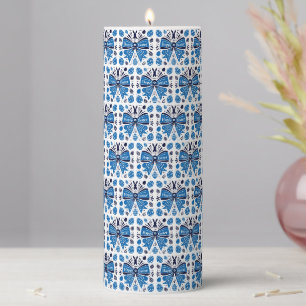 Happy Easter Blue Bow Folk Art Bunny & Eggs Spring Pillar Candle