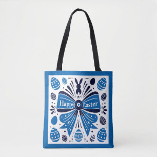 Happy Easter Blue Bow Folk Art Bunny & Eggs Spring Tote Bag