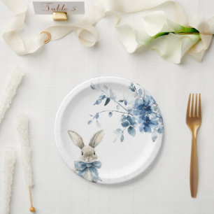 Happy Easter Blue Bunny Floral Paper Plates