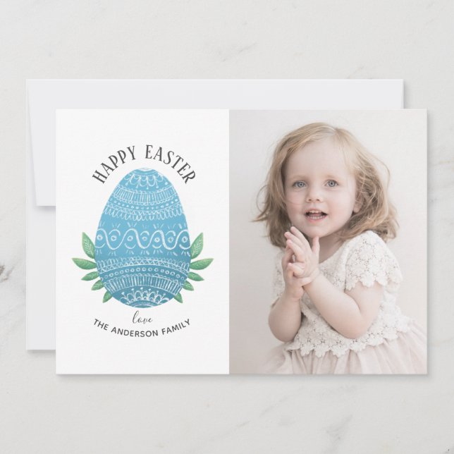 Happy Easter. Blue egg. Cute funny botanical photo Holiday Card (Front)