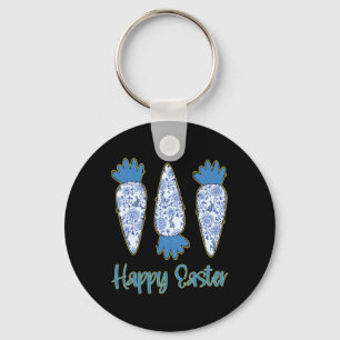 Happy Easter Blue Floral Chinoiserie Carrot Eggs E Keychain