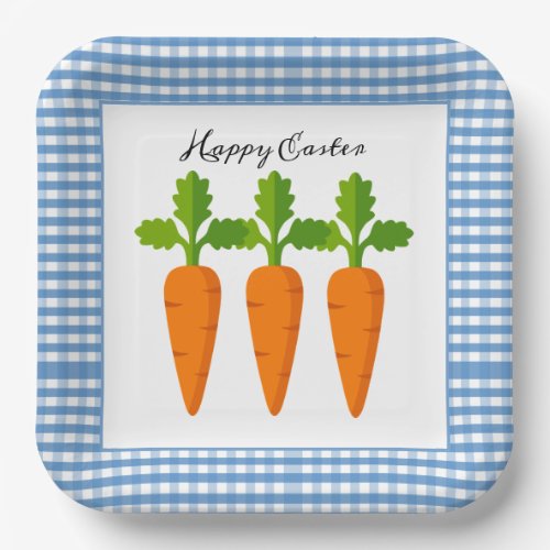 Happy Easter Blue Gingham with Carrot Design  Paper Plates