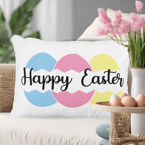 Happy Easter Blue Pink And Yellow Easter Eggs Accent Pillow