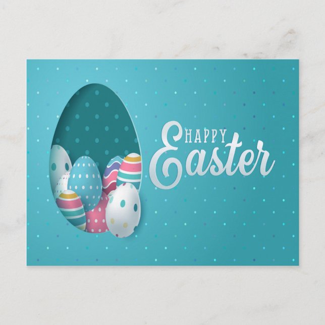 Happy Easter Blue Pink White Eggs Greeting Postcard (Front)