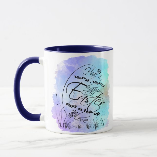 Happy Easter Blue Purple Calligraphy Illustration Mug (Left)