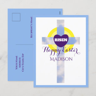 Happy Easter Blue Sky Cross Custom Name Holiday Postcard