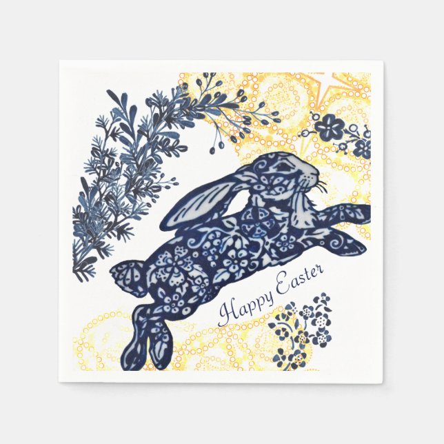 Happy Easter Blue White Yellow Rabbit Chinoiserie Napkins (Front)