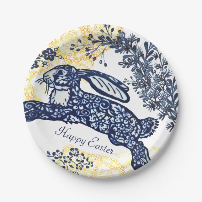 Happy Easter Blue White Yellow Rabbit Chinoiserie Paper Plates (Front)