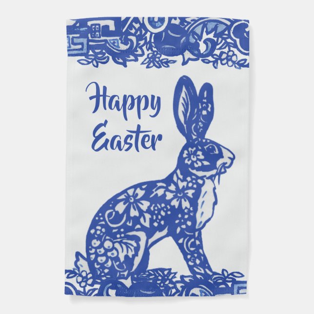 Happy Easter Blue Willow Rabbit Bunny Chinoiserie  Garden Flag