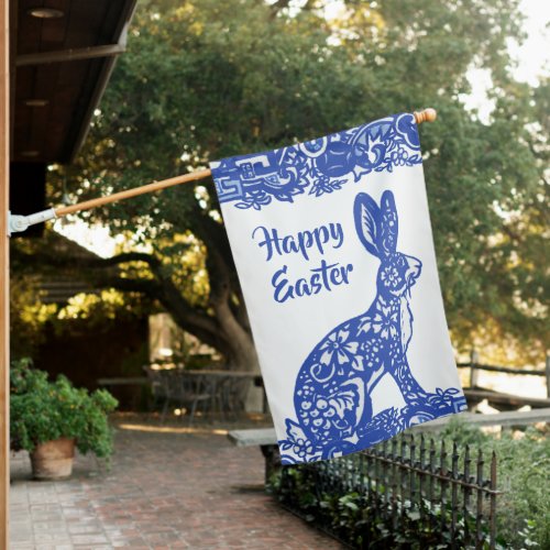 Happy Easter Blue Willow Rabbit Bunny Chinoiserie House Flag
