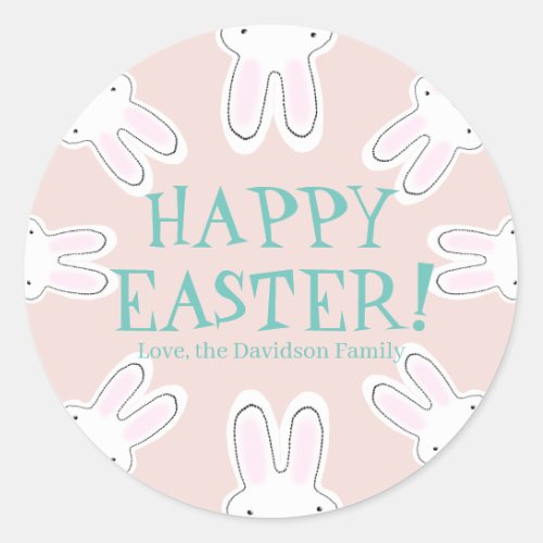 Happy Easter blush pink custom cute bunnies funny Classic Round Sticker
