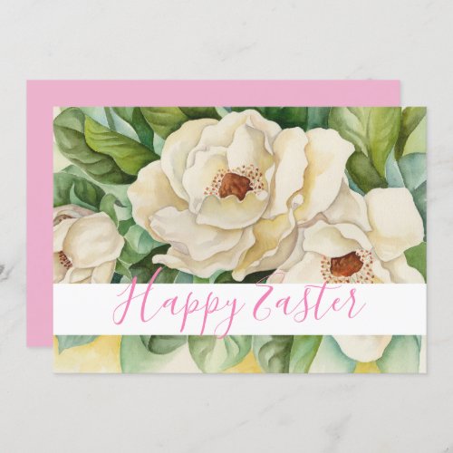 Happy Easter Blush Pink Magnolia Text Floral Holiday Card