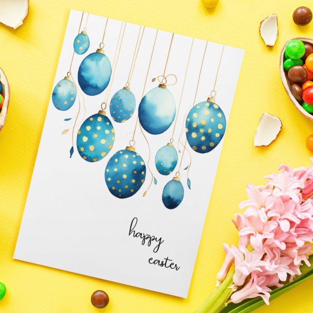 Happy Easter Bondi Blue Polka Dot Easter Eggs Holiday Card (Customize this cute Easter greeting card with blue and gold polka dotted Easter Eggs. )