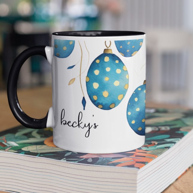 Happy Easter Bondi Blue Polka Dot Easter Eggs Mug (Customizable on two sides polka dot in blue and gold Easter Eggs coffee mug. )