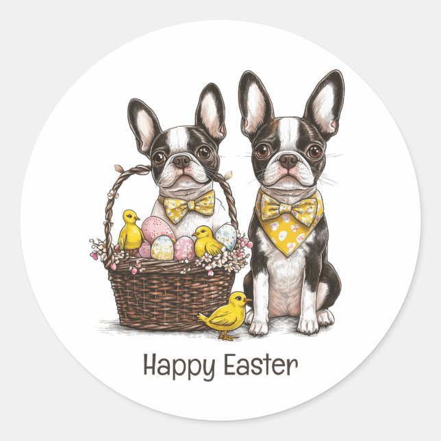 Happy Easter Boston Terrier Dogs Classic Round Sticker (Front)