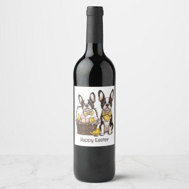 Happy Easter Boston Terrier Dogs Wine Label (Front)