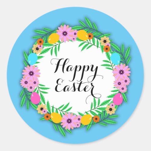 Happy Easter Botanical Cute Floral Wreath Classic Round Sticker