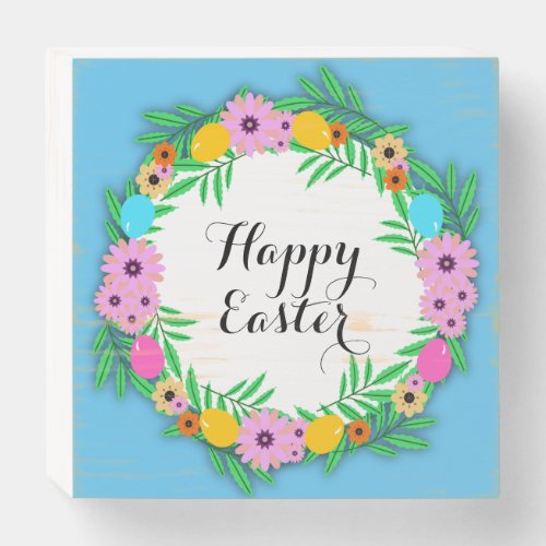 Happy Easter Botanical Cute Floral Wreath Wooden Box Sign