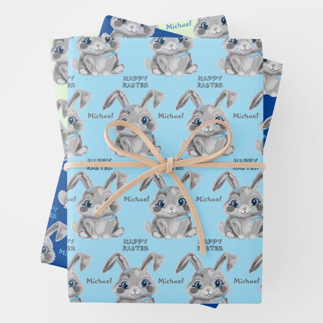 Happy Easter Boys Bunny Rabbit Blue And Green Wrapping Paper Sheets (In situ)