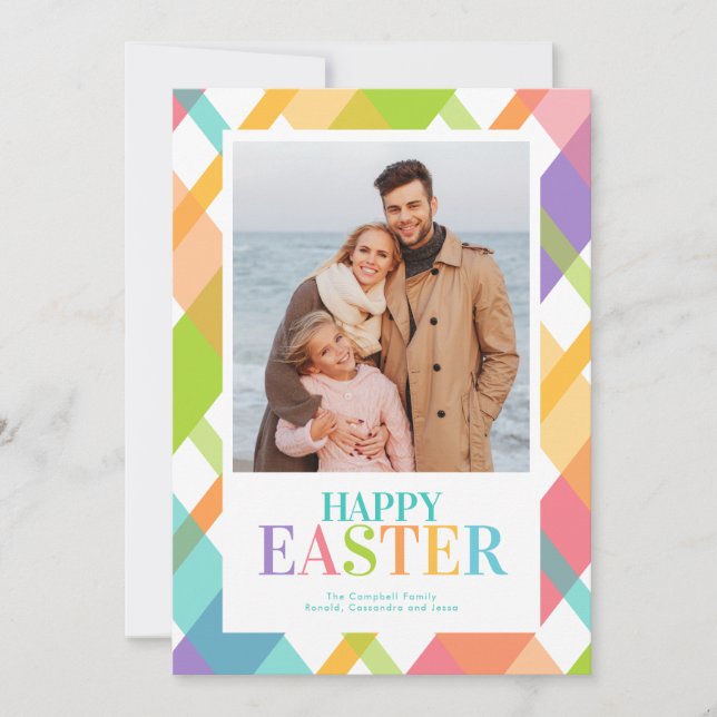 Happy Easter Bright Plaid Photo Card (Front)