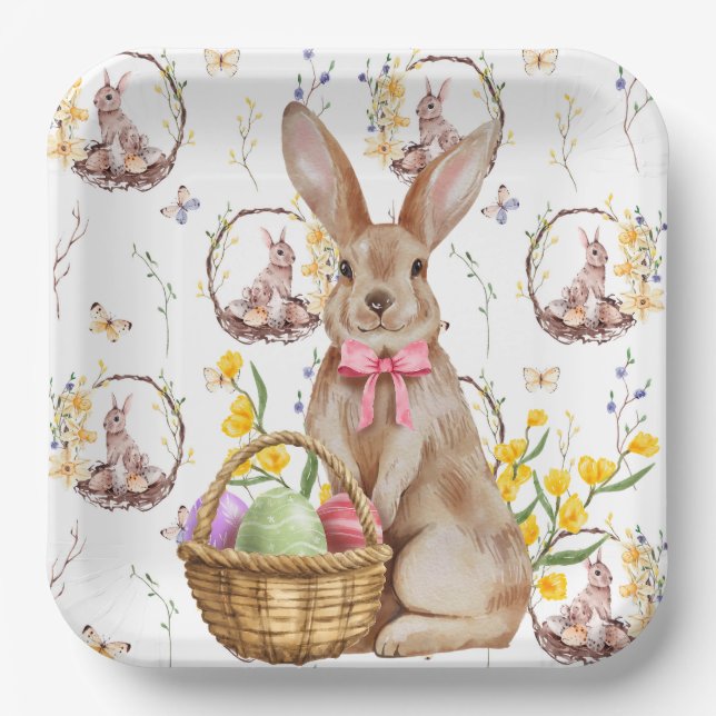 Happy Easter Brown Bunnies Paper Plates (Front)