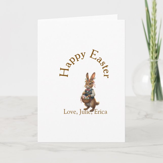 Happy Easter brown bunny with eggs love add name  Card (Front)