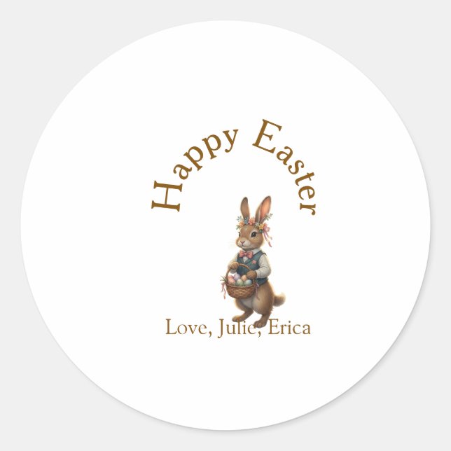 Happy Easter brown bunny with eggs love add name  Classic Round Sticker (Front)