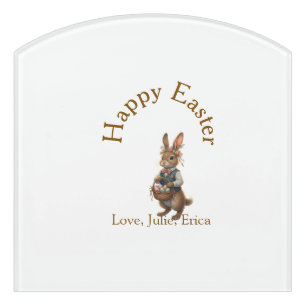 Happy Easter brown bunny with eggs love add name Door Sign