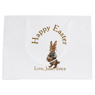 Happy Easter brown bunny with eggs love add name  Large Gift Bag