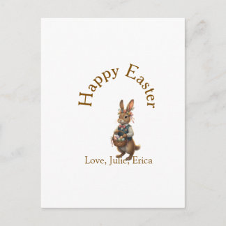Happy Easter brown bunny with eggs love add name Postcard