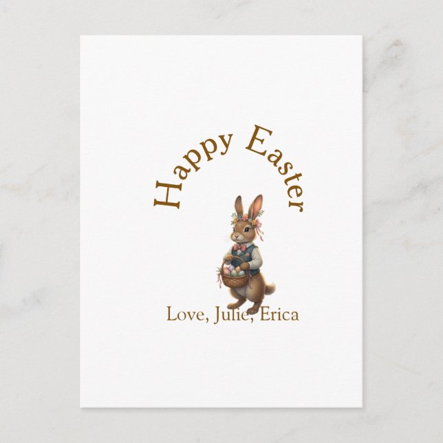 Happy Easter brown bunny with eggs love add name  Postcard (Front)
