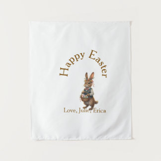 Happy Easter brown bunny with eggs love add name Tapestry