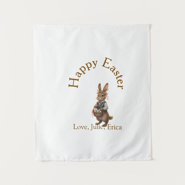 Happy Easter brown bunny with eggs love add name  Tapestry (Front)