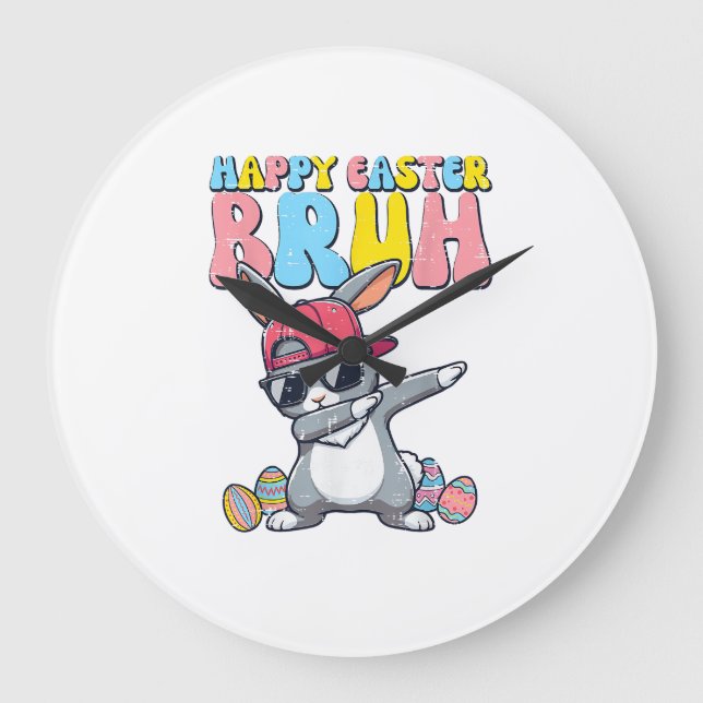 Happy Easter Bruh Bunny Dab Rabbit Dance Boys Kids Large Clock (Front)