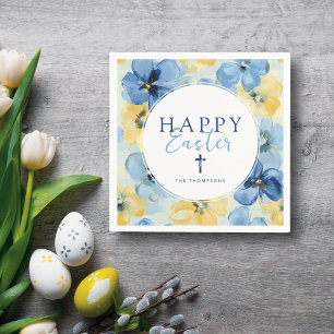Happy Easter Brunch Floral Cross Religious Blue Napkins