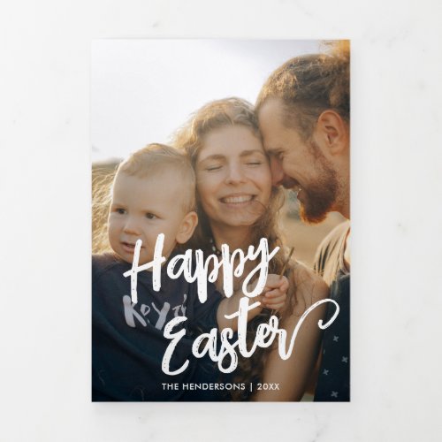 Happy Easter Brush Script Multi Photo Tri_Fold Holiday Card