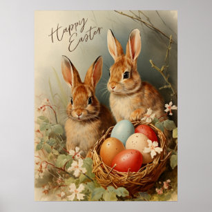 Happy Easter Bunnies and Easter Egg Basket  Poster