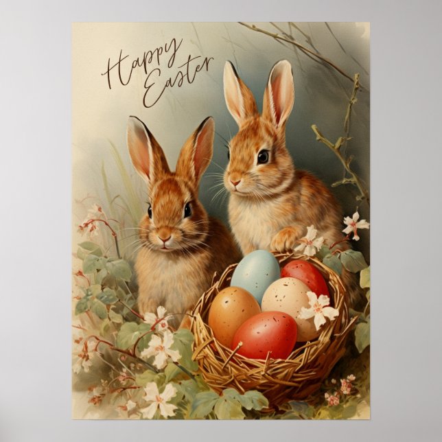 Happy Easter Bunnies and Easter Egg Basket  Poster (Front)